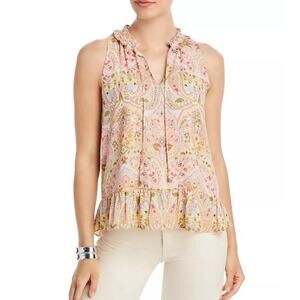 T Tahari Split Neck Ruffle Peplum Top XS Pink Cream Paisley Shirred Sleeveless